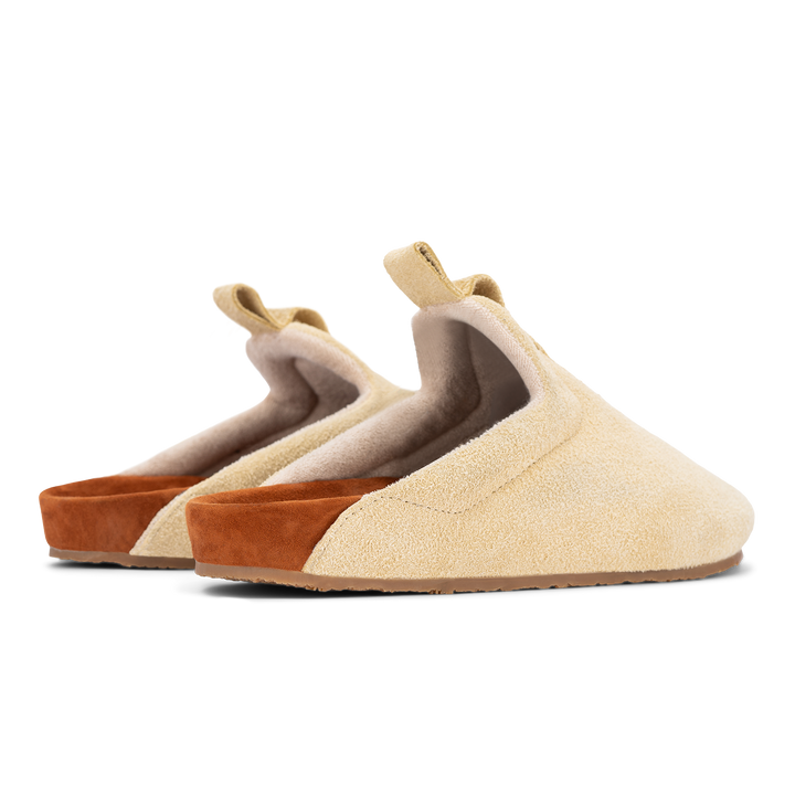 back 3/4 view beige suede upper, cork midsole wrapped in soft suede, Vibram sheet gum rubber outsole