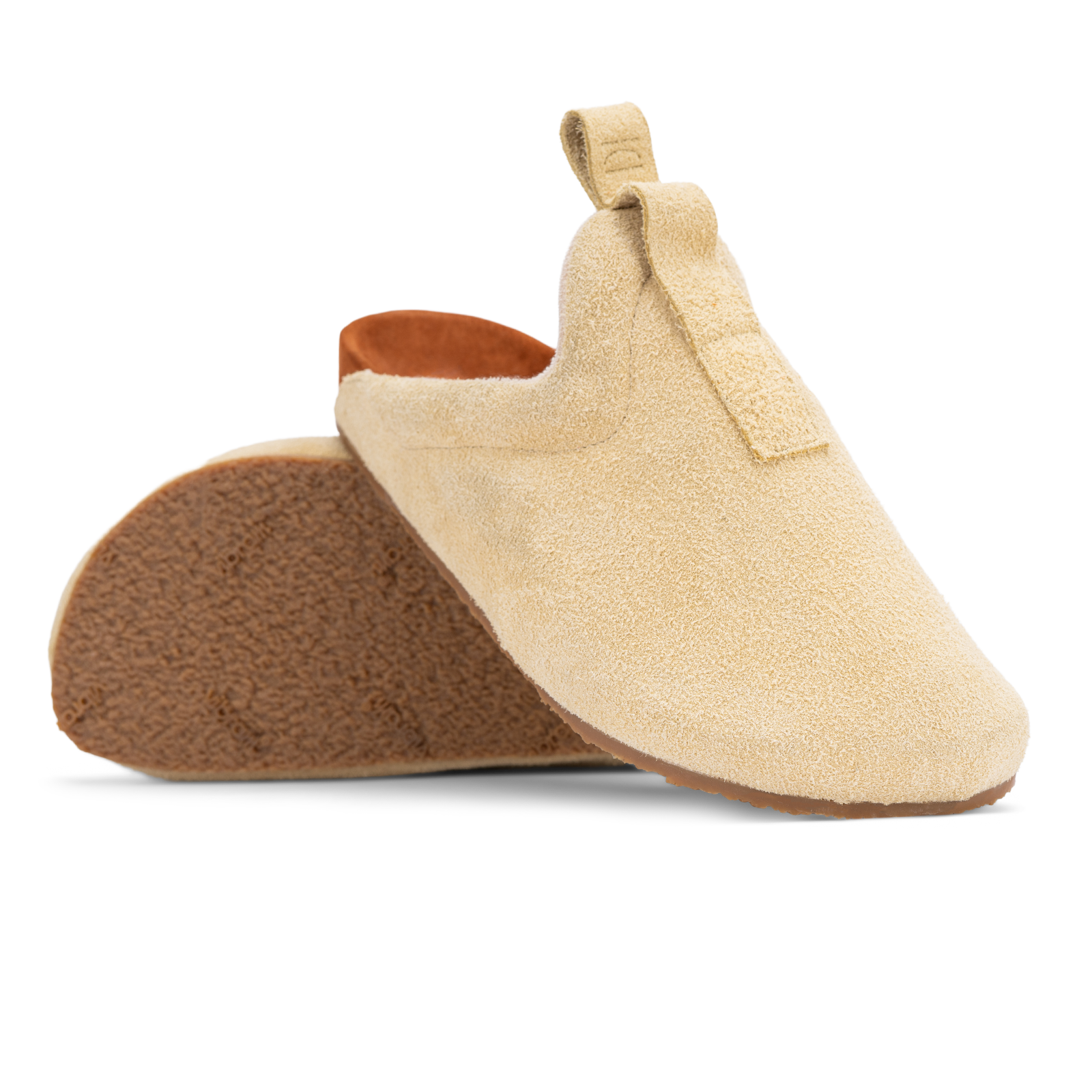 stylized shot beige suede upper, cork midsole wrapped in soft suede, Vibram sheet gum rubber outsole