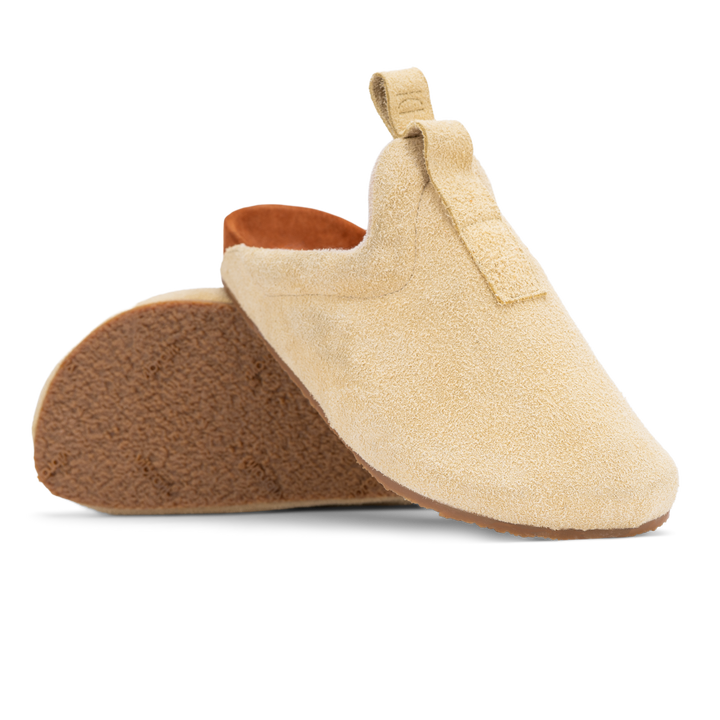 stylized shot beige suede upper, cork midsole wrapped in soft suede, Vibram sheet gum rubber outsole