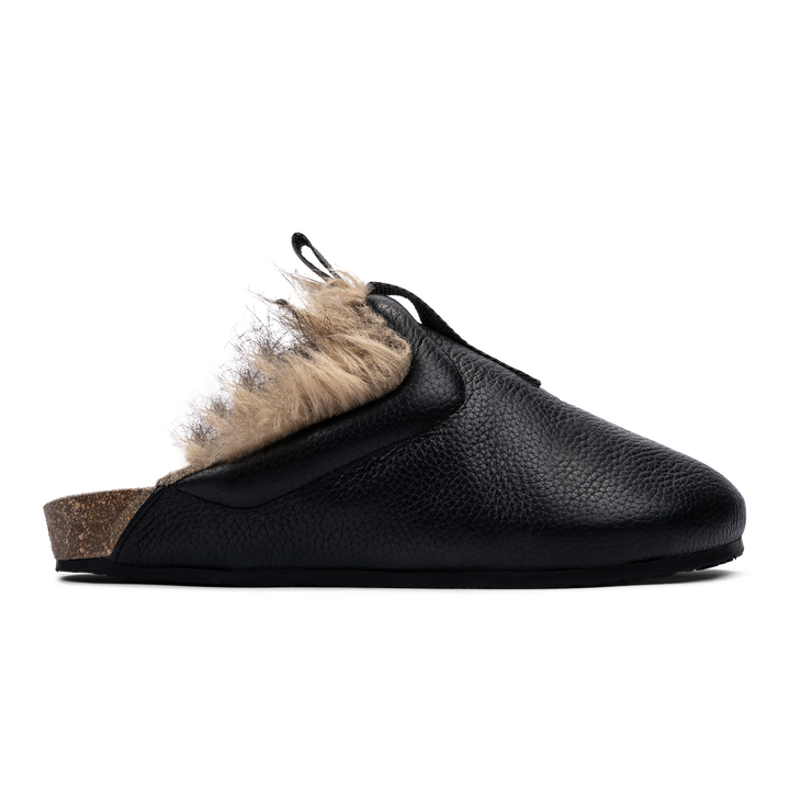 Himalaya profile shot Side view / Bantha Himalya is a Mule with faux fur lining. - Black tumbled leather upper and vibram sheet rubber bottom.