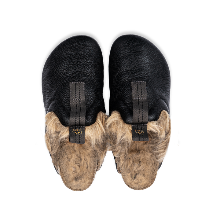 Top view  Bantha Himalya is a Mule with faux fur lining. - Black tumbled leather upper and vibram sheet rubber bottom.