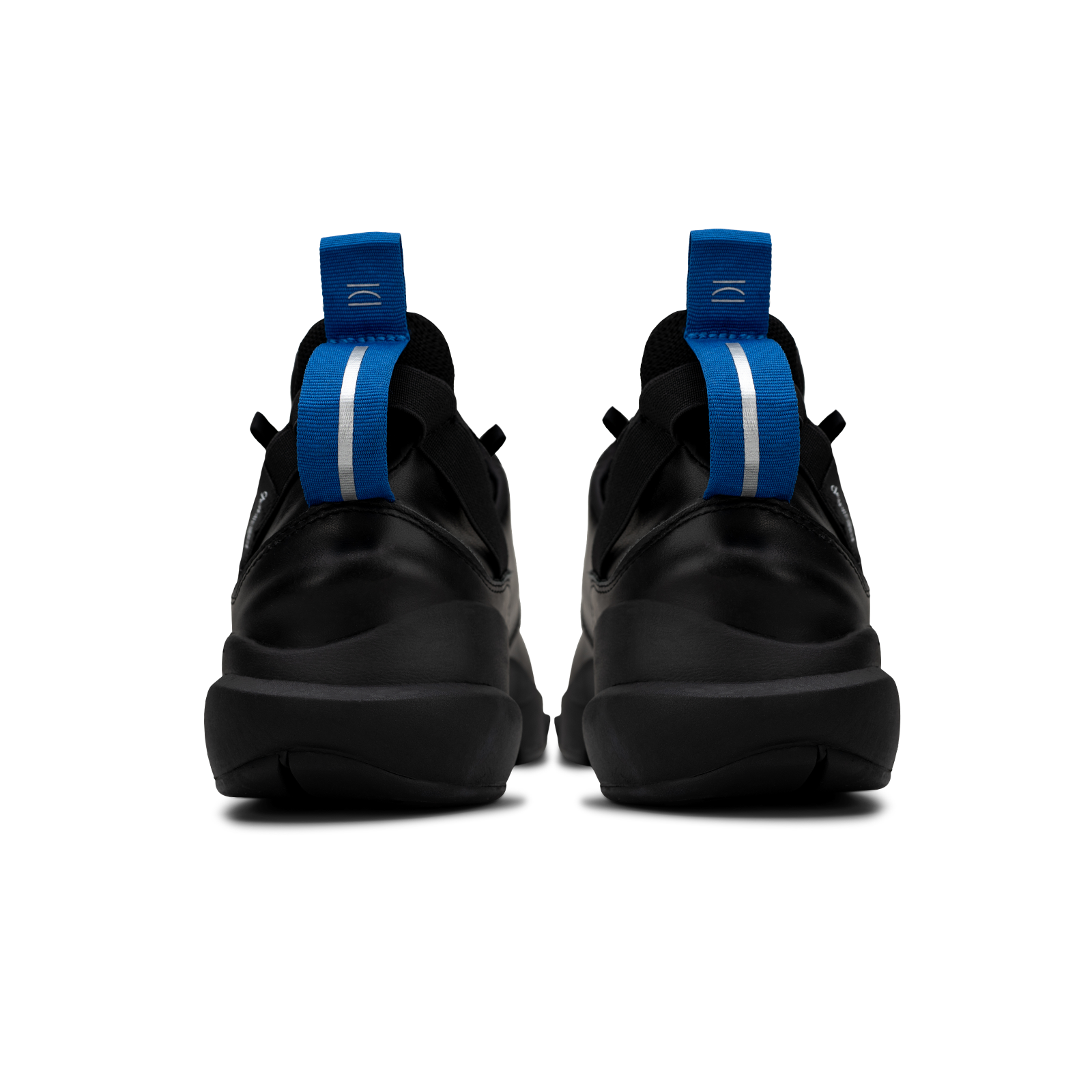 Back view,   Contera Black is a runner with Tumbled Black fullgrain leather overlays Black stretch mesh underlays, Royal Blue heel pull molded lace holder, Black eva midsole and Black rubber outsole.