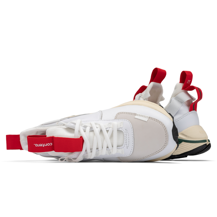 Top and back vew, Contera Cloud Forest is a runner with White fullgrain and Nubuck leather overlays White stretch mesh underlays, Red webbing heel and tongue pull, webbing lace system gream and green Virbam midsole and black vibram rubber outsole.