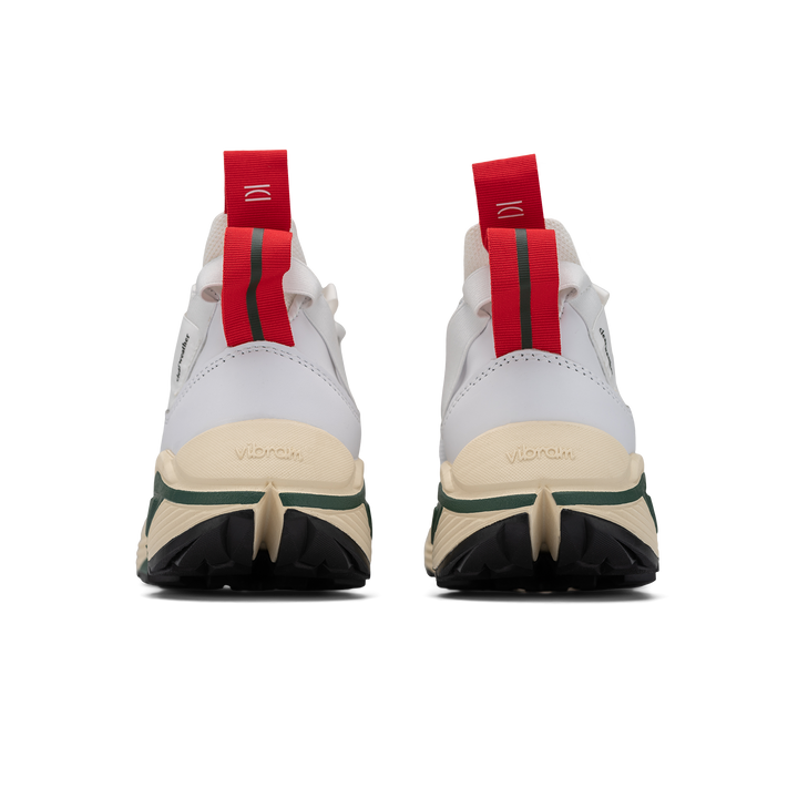 Back view, Contera Cloud Forest is a runner with White fullgrain and Nubuck leather overlays White stretch mesh underlays, Red webbing heel and tongue pull, webbing lace system gream and green Virbam midsole and black vibram rubber outsole.