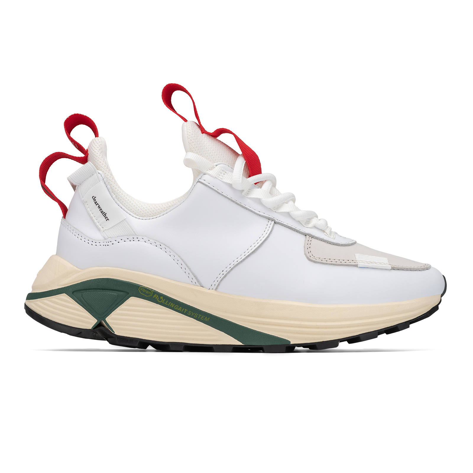 Side profile view,  Contera Cloud Forest  is a runner with White  fullgrain and Nubuck leather overlays White stretch mesh underlays, Red webbing heel and tongue pull, webbing lace system  gream and green Virbam midsole and black vibram rubber outsole.