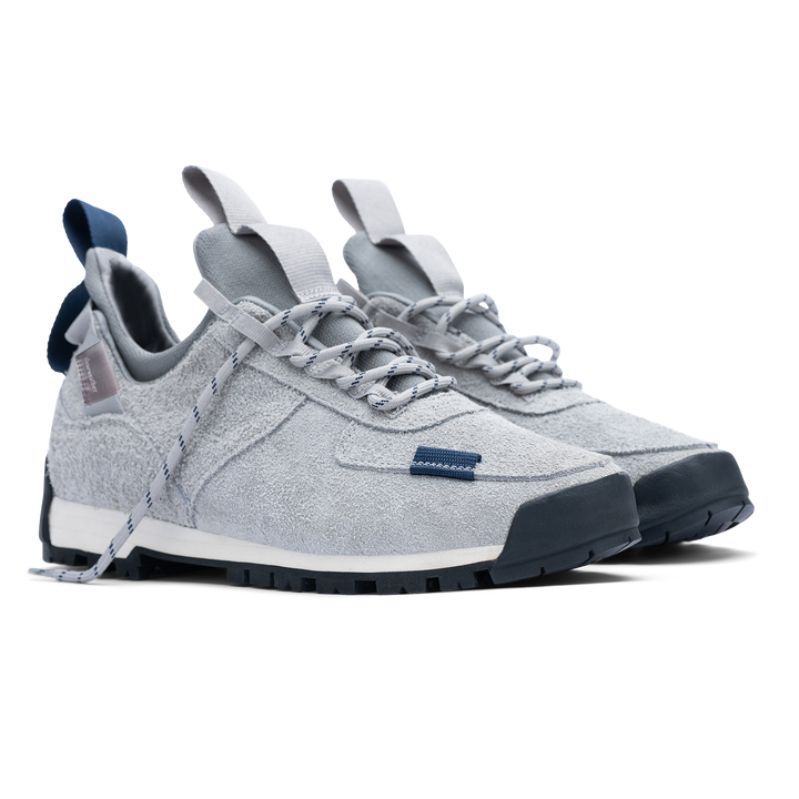 3/4 view  / Approach / Lunar color features Light Grey colored hairy suede upper, gross grain webbing for laces. helastic heel detail, stretch mesh internal bootie, vintrage vibram hiking outsole and eva midsole.