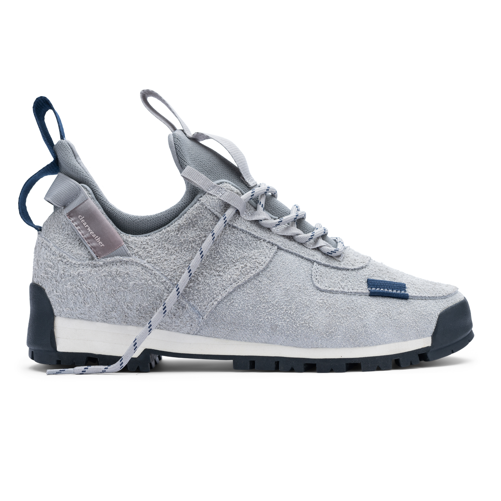 profile shot  / Approach / Lunar color features Light Grey colored hairy suede upper, gross grain webbing for laces. helastic heel detail, stretch mesh internal bootie, vintrage vibram hiking outsole and eva midsole. 