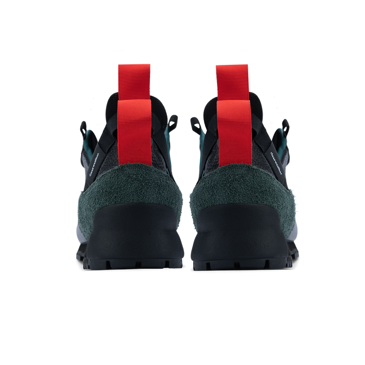 back view Approach / Sage color features Black fullgrain leahter and Green hairy suede upper, gross grain webbing for laces. helastic heel detail, stretch mesh internal bootie, vintrage vibram hiking outsole and eva midsole.