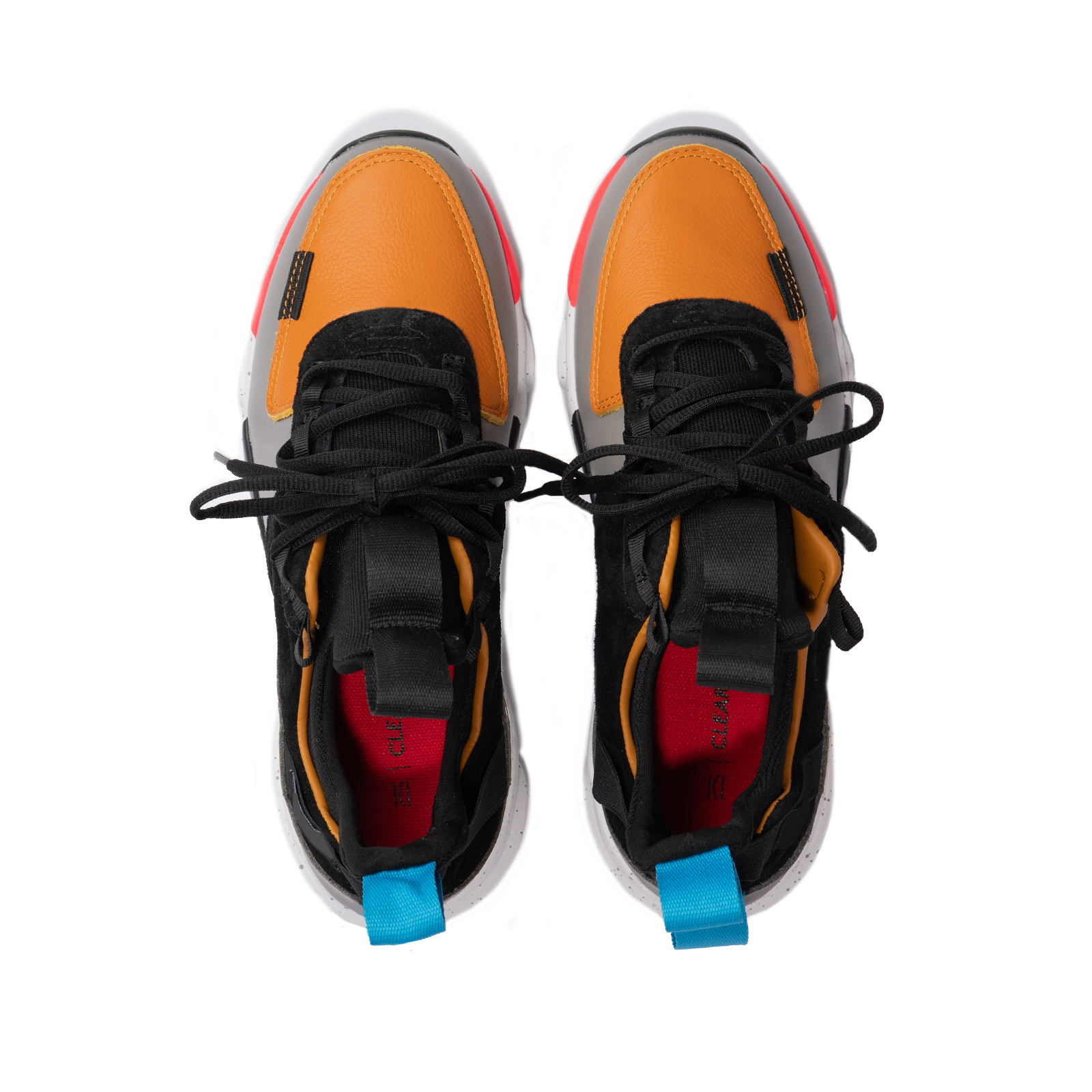 Top view, The Contera Kalahari is a Runner with grey leather black suede and tabaco orange leather, Blue webbing heel pull, Black webbin tongue pull, Black webbing lace system, painted eva midsole ande black rubber outsole.