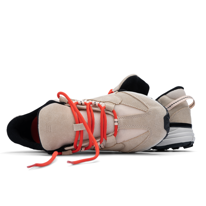 Altiutude / Safari top view khaki suede / air mesh / webbing lace holder with orange lace on a vibram sole