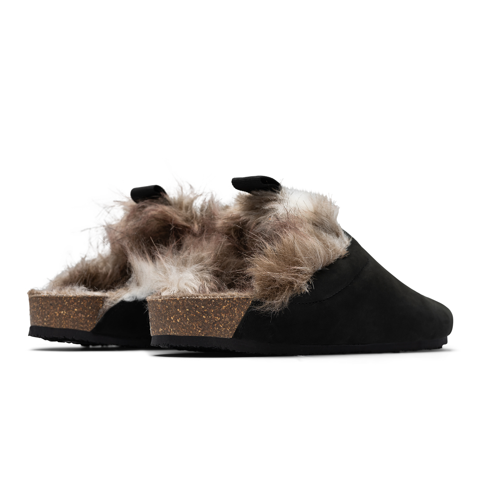 back 3/4 viewBantha Artic Tunder is a Mule with faux fur lining. - Black smooth nubuck cork midsole and vibram sheet rubber bottom. 