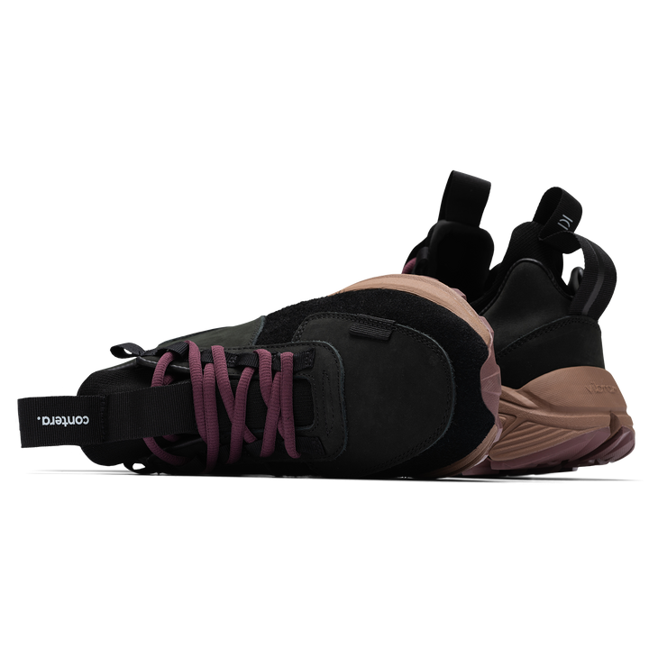 Top and back view, Contera Iron Oxide is a runner with Black suede and numbuck upper, stretch mesh internal bootie, webbing heel and tongue pulls, webbing lace holder, brown vibram midsole burgundy vibram rubber bottom.