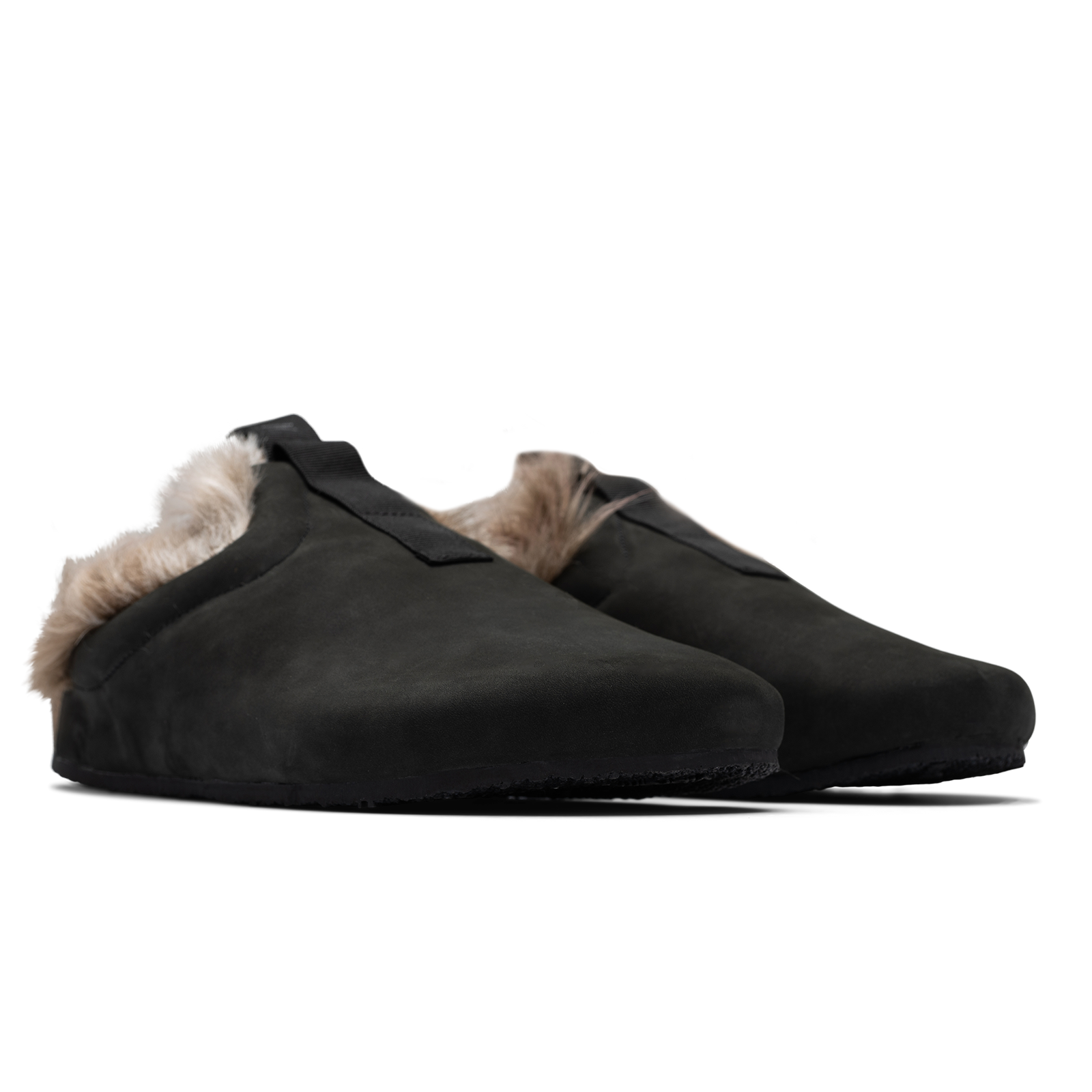 3/4 front view Bantha Artic Tunder is a Mule with faux fur lining. - Black smooth nubuck cork midsole and vibram sheet rubber bottom. 