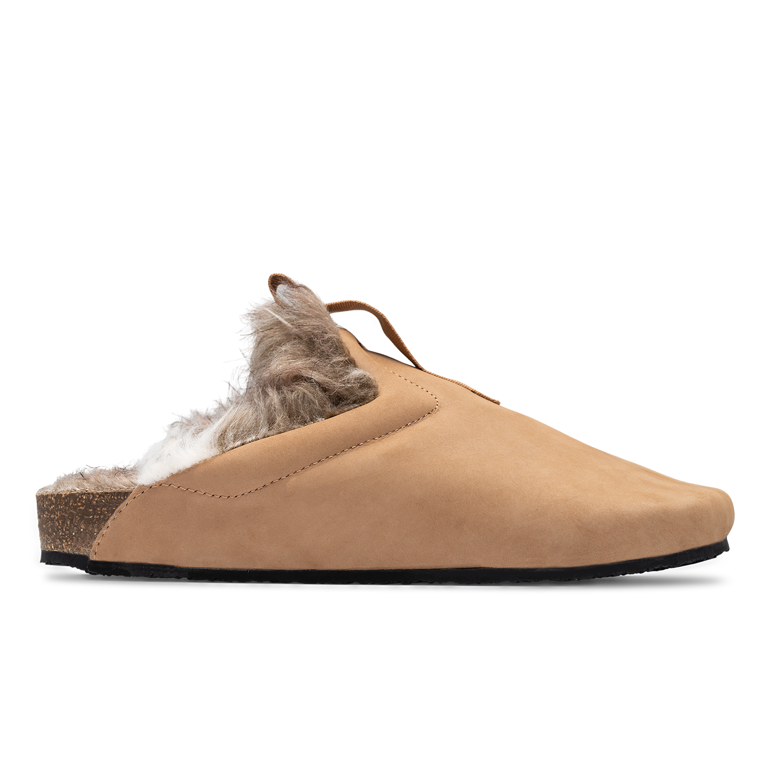 Side view / Bantha Sand Crest is a Mule with faux fur lining. - Tan smooth nubuck cork midsole and vibram sheet rubber bottom.